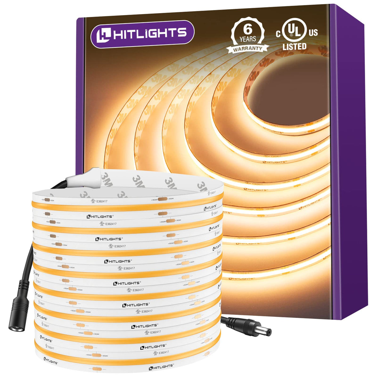 HitLights COB LED strip in warm white 2700K on a 16.4ft reel for smooth installation.