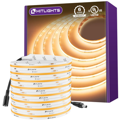 HitLights COB LED strip in warm white 2700K on a 16.4ft reel for smooth installation.