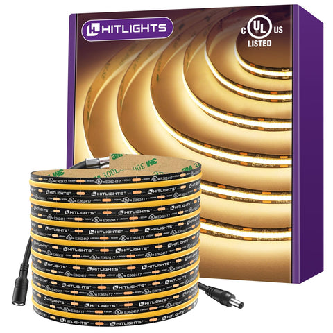 HitLights COB LED strip provides warm white 3000K light for kitchen cabinets.