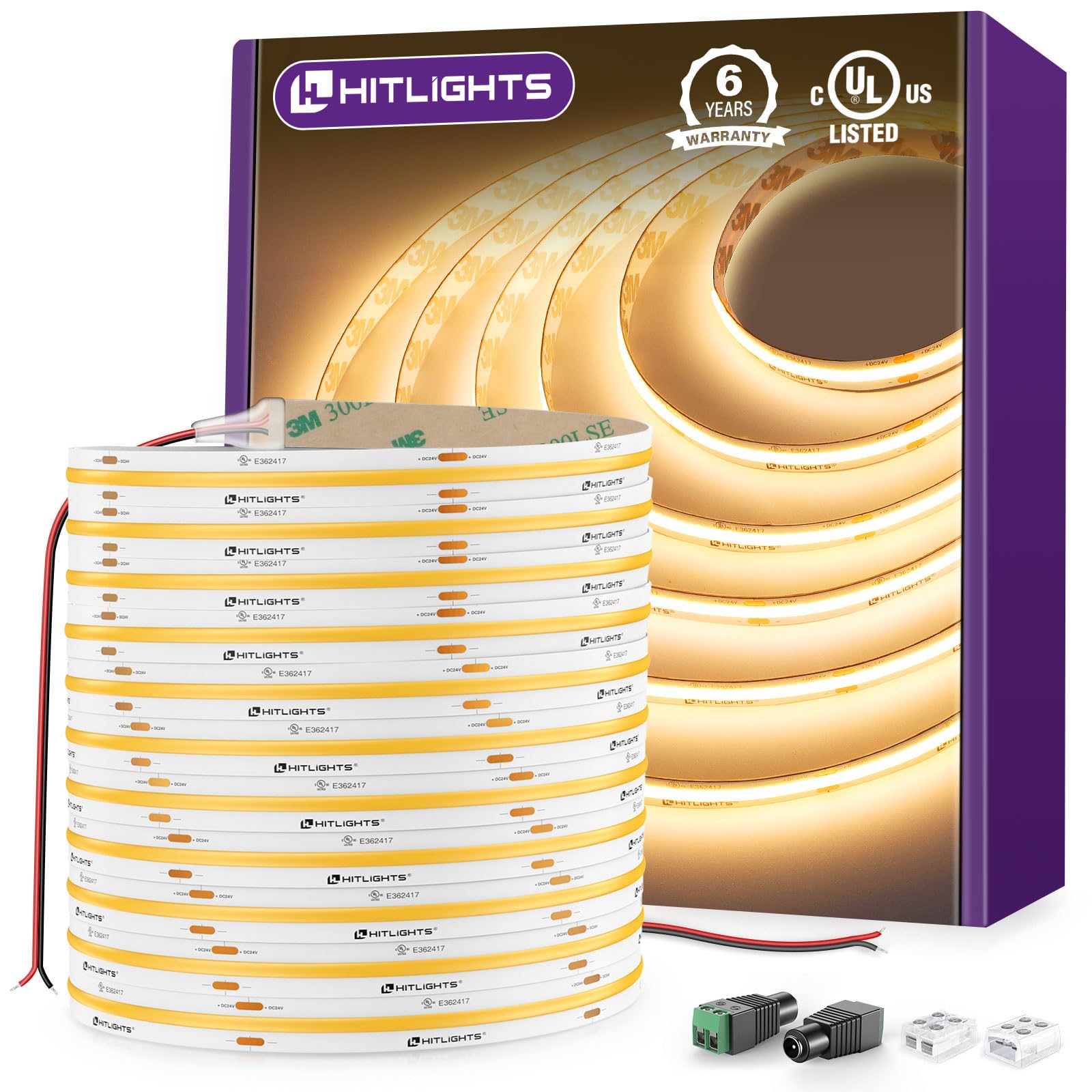 HitLights COB LED strip warm white 3000K 32.8ft reel for custom installs.