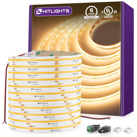 HitLights COB LED strip warm white 3000K 32.8ft reel for custom installs.