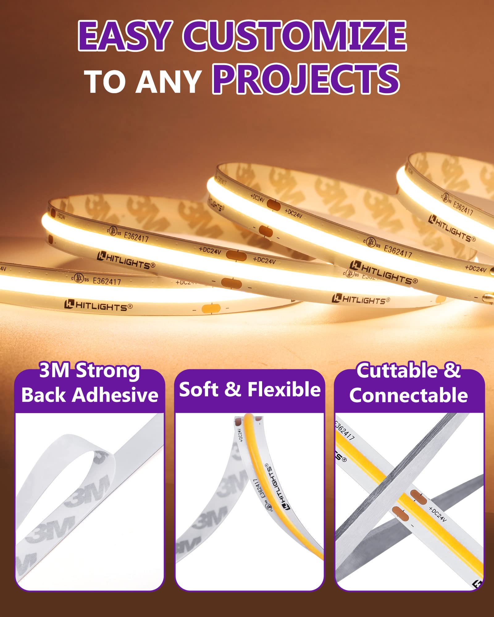 HitLights indoor lighting for living rooms, hallways, and shelving setups.
