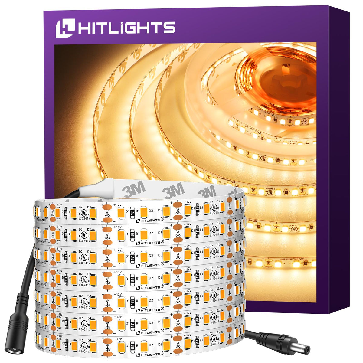 HitLights LED strip in warm white 3000K illuminating a kitchen cabinet with an even tone.