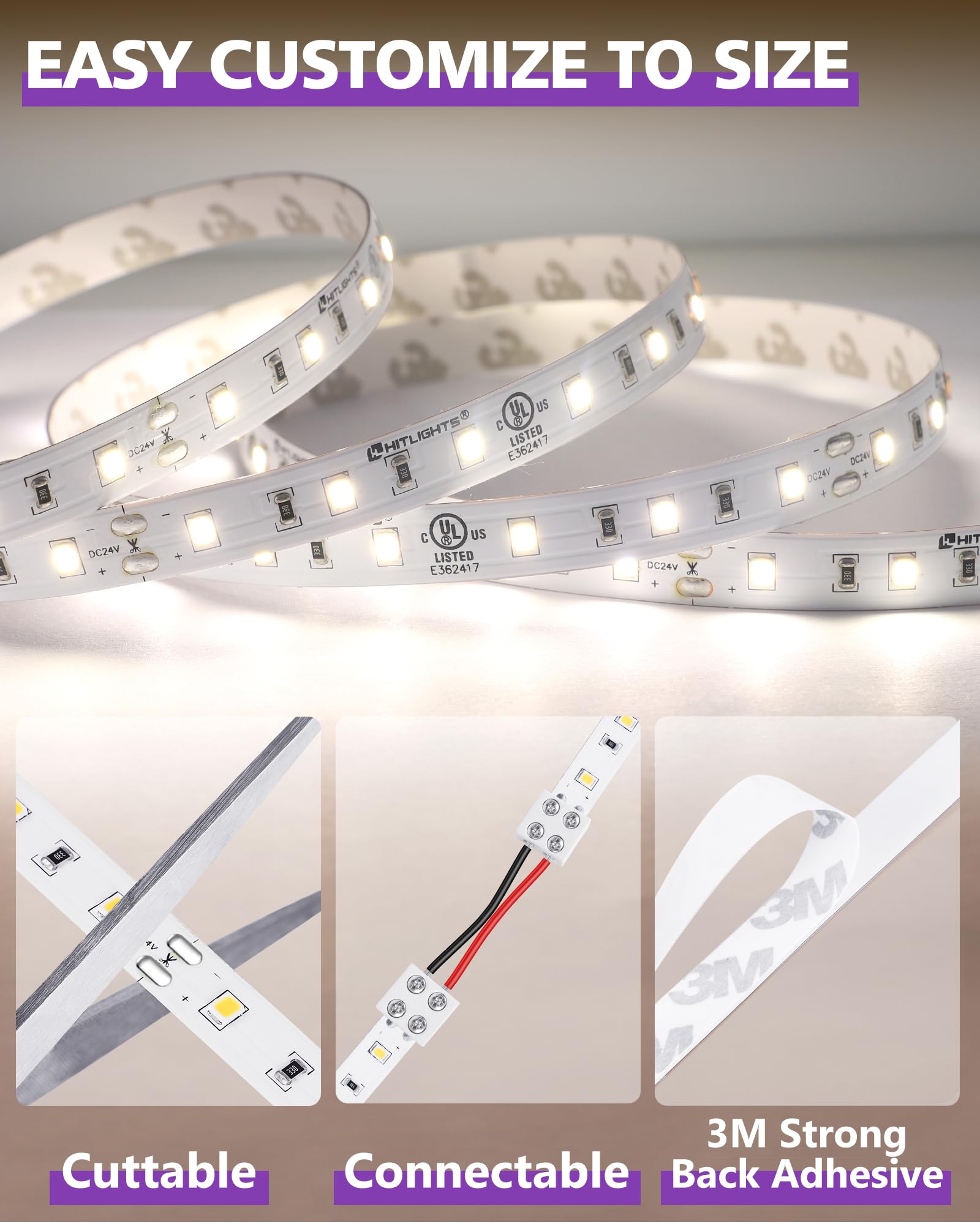 HitLights neutral white strip provides ambient light in a living room.