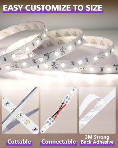 HitLights neutral white strip provides ambient light in a living room.