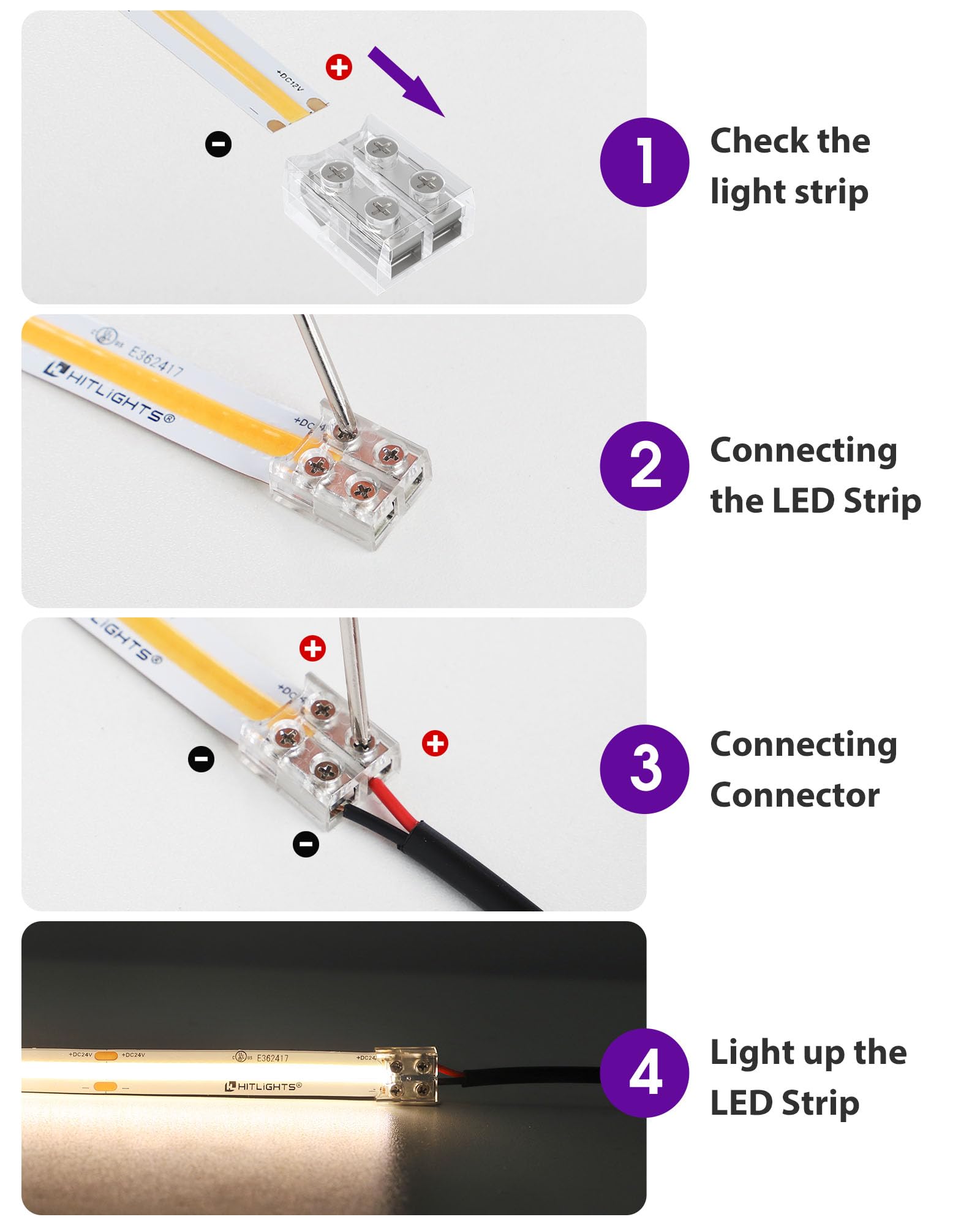 HitLights strip-to-wire connector enables clean, wire-ready installations.