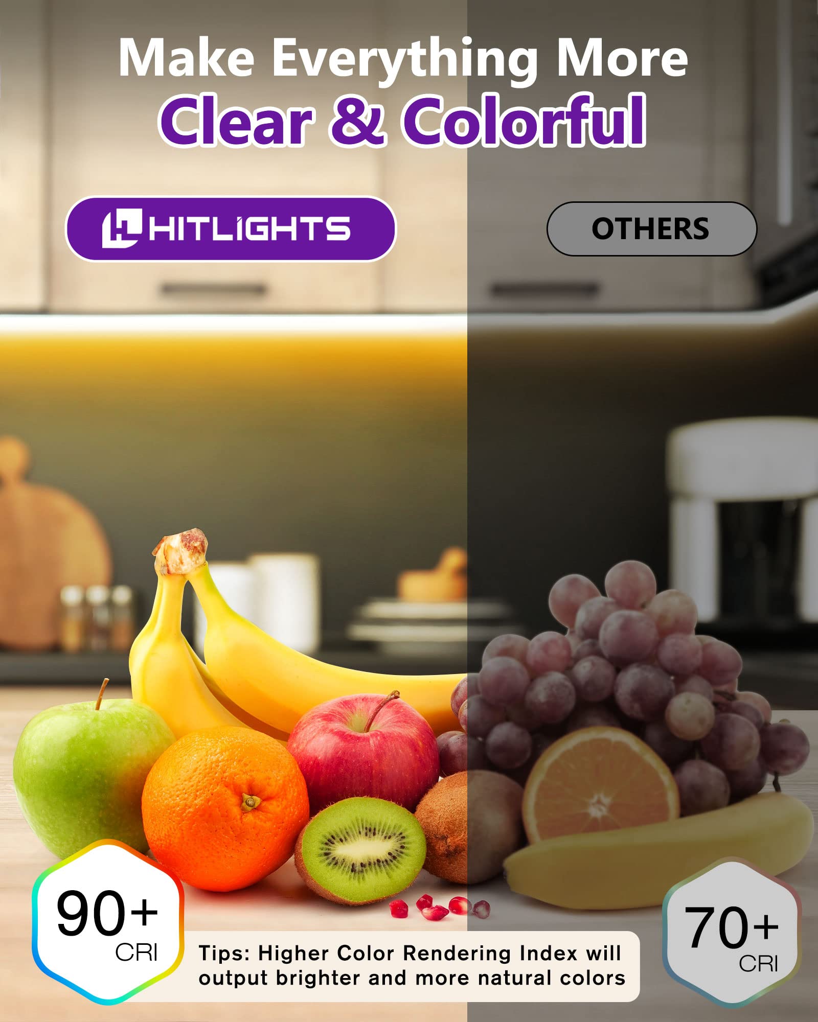 HitLights under-cabinet warm light enhances task visibility and ambience.