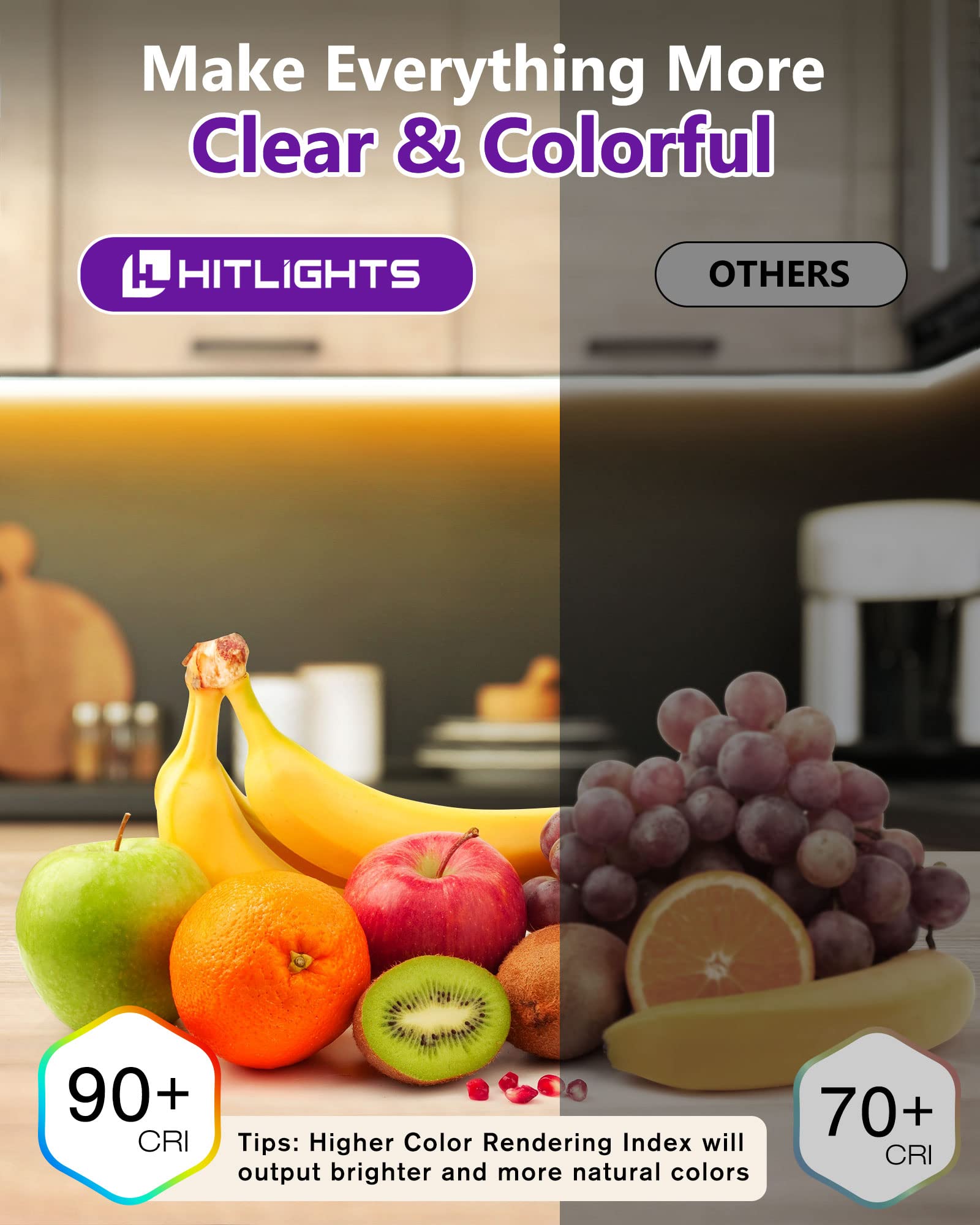 HitLights warm white strip ideal for under-cabinet lighting and shelves.