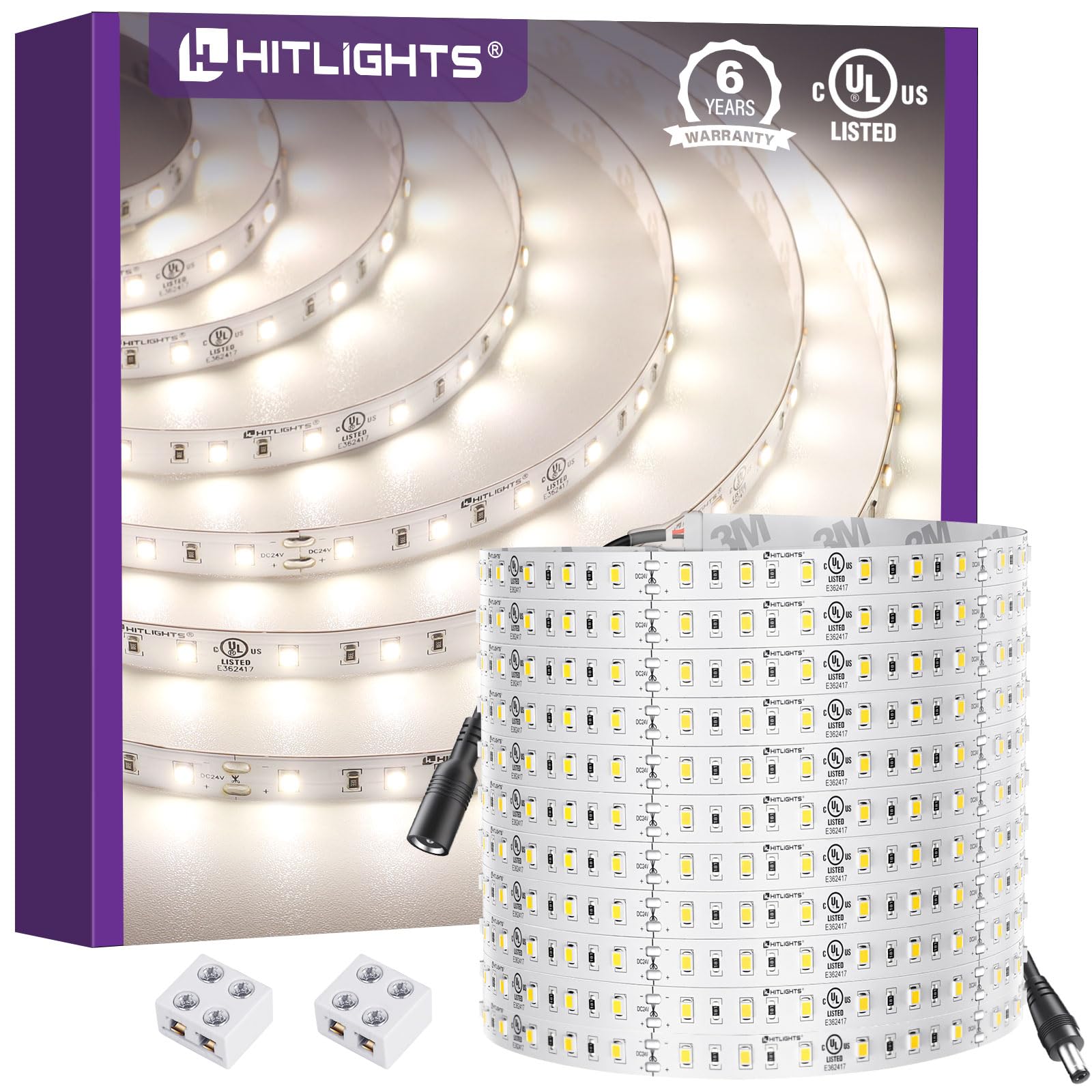 HitLights white LED strip 4000K reel close-up showing easy peel-and-stick installation.