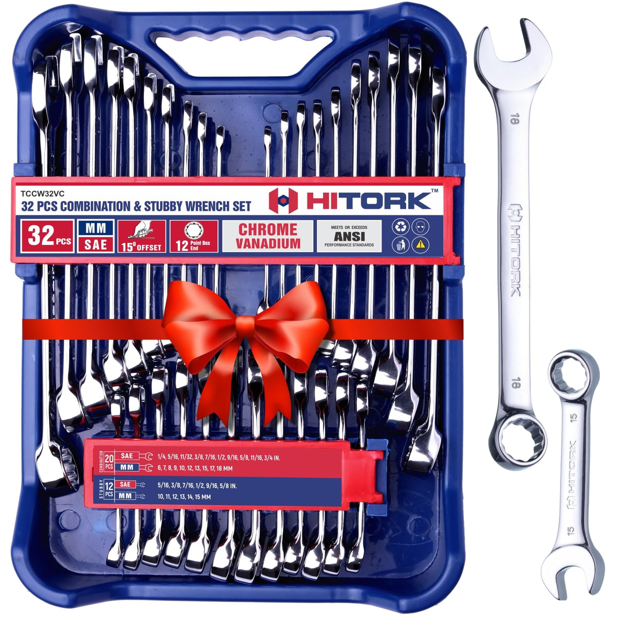 Hitork 32-piece wrench set offers complete SAE and metric coverage for auto and home repairs.