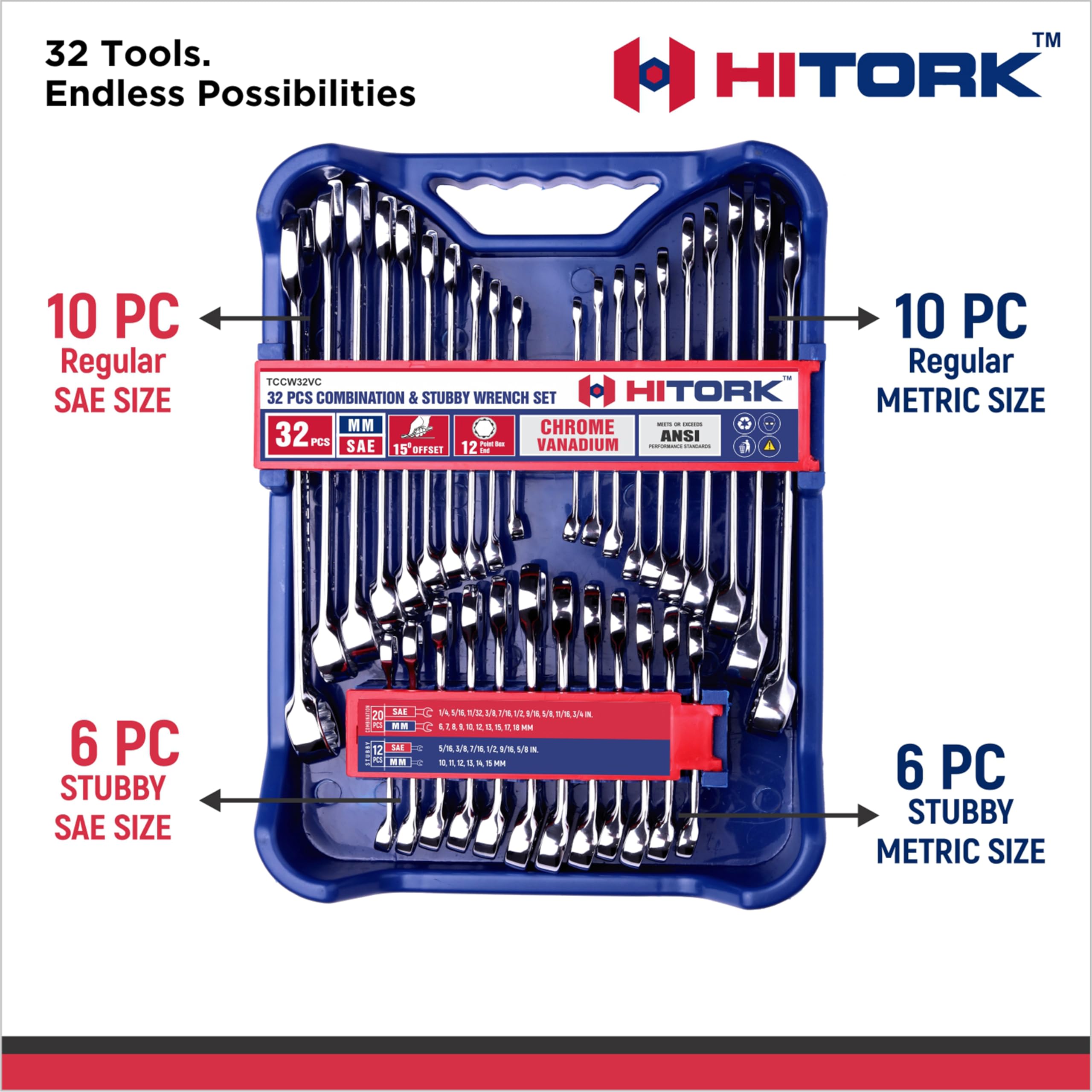 Hitork SAE and metric wrenches cover all sizes for versatile projects.