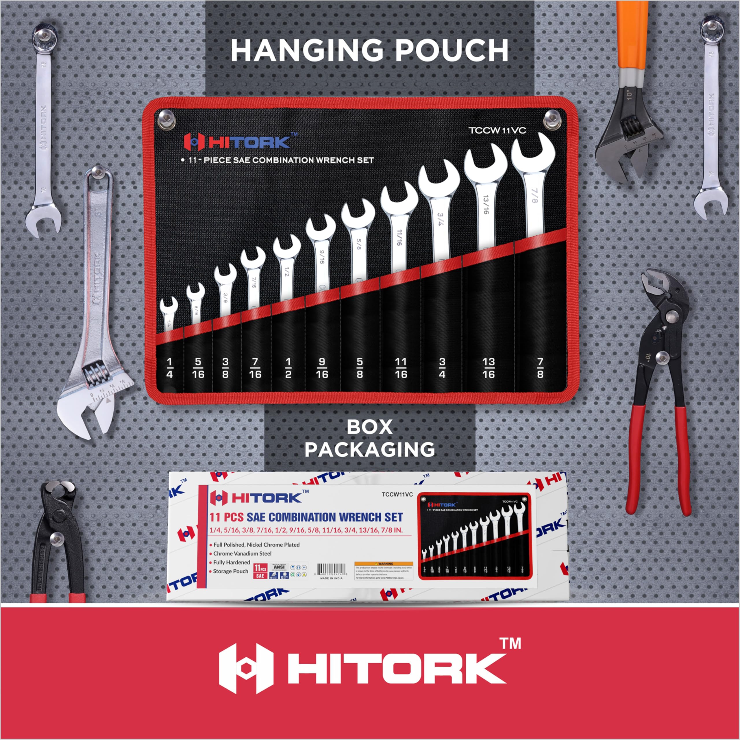 Hitork SAE wrench set stored in compact roll pouch for easy transport