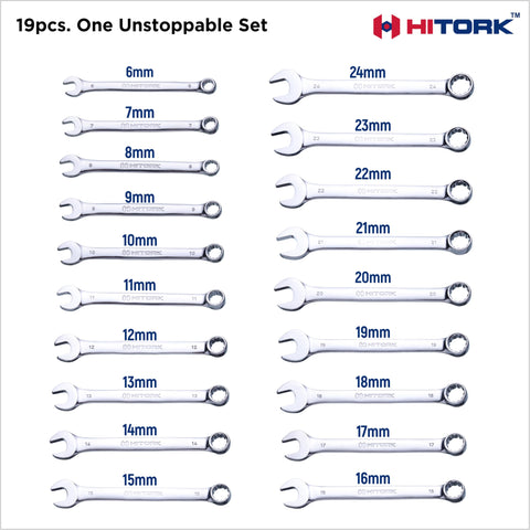 Hitork wrench set featuring 12-point box end for secure fastener grip.