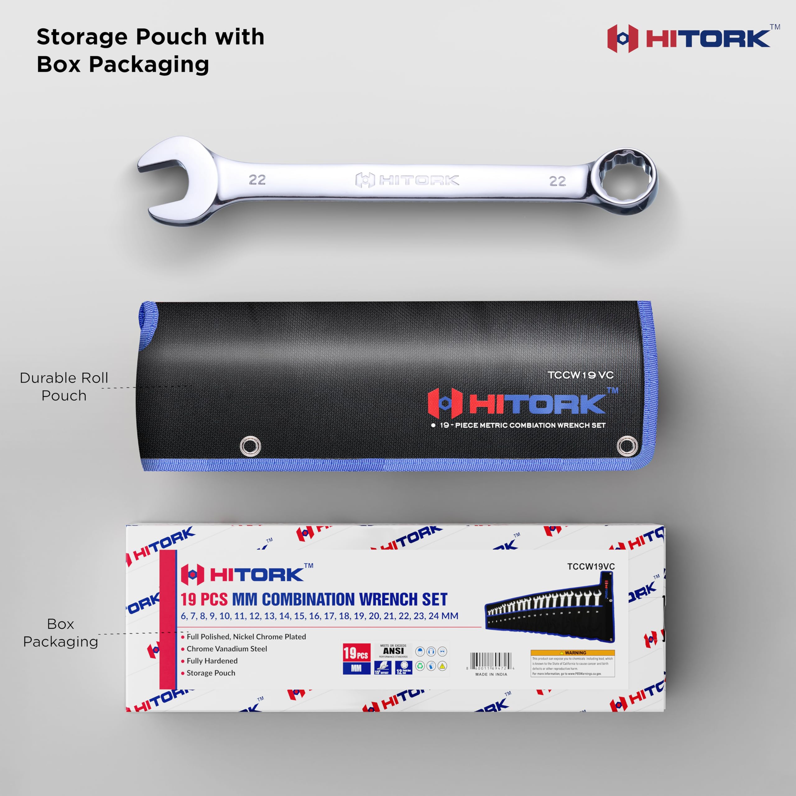 Hitork wrench set fits neatly in compact storage for portability.