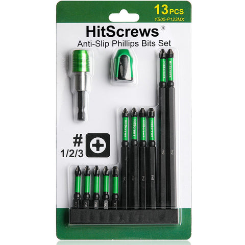 HitScrews 13-piece PH1–PH3 bits with anti-slip grips for steady driving.