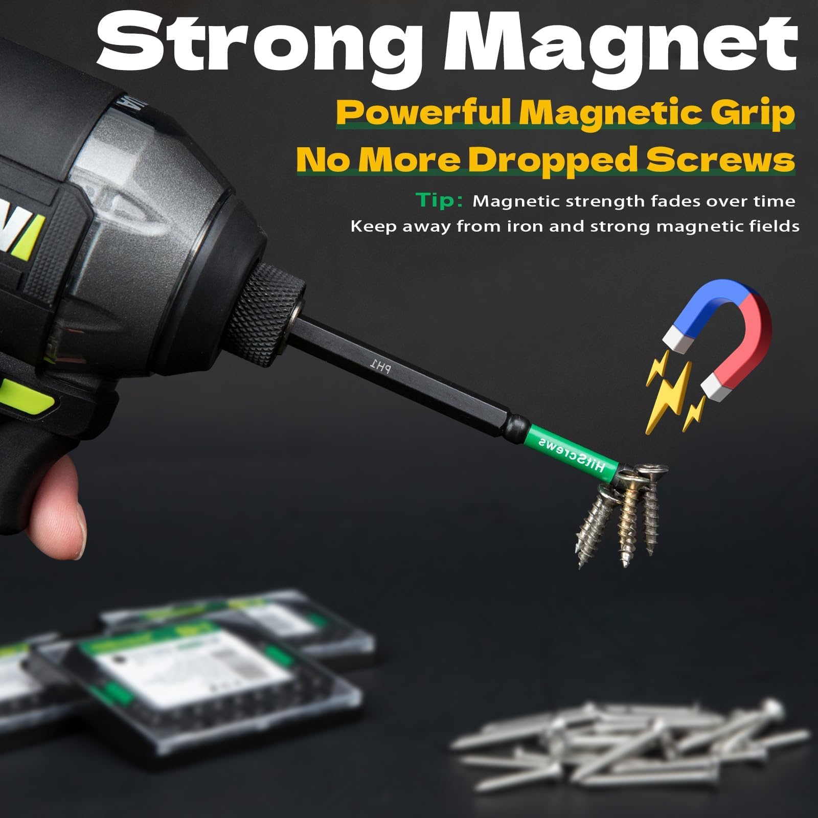 Magnetic tips secure screws for one-handed operation.
