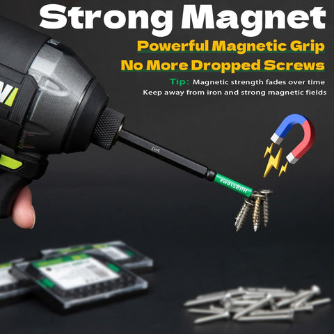 Magnetic tips secure screws for one-handed operation.