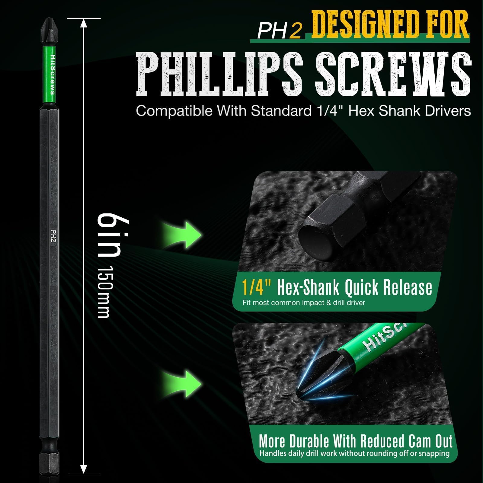 Hitscrews PH2 bit shows precision CNC machined head for a perfect fit