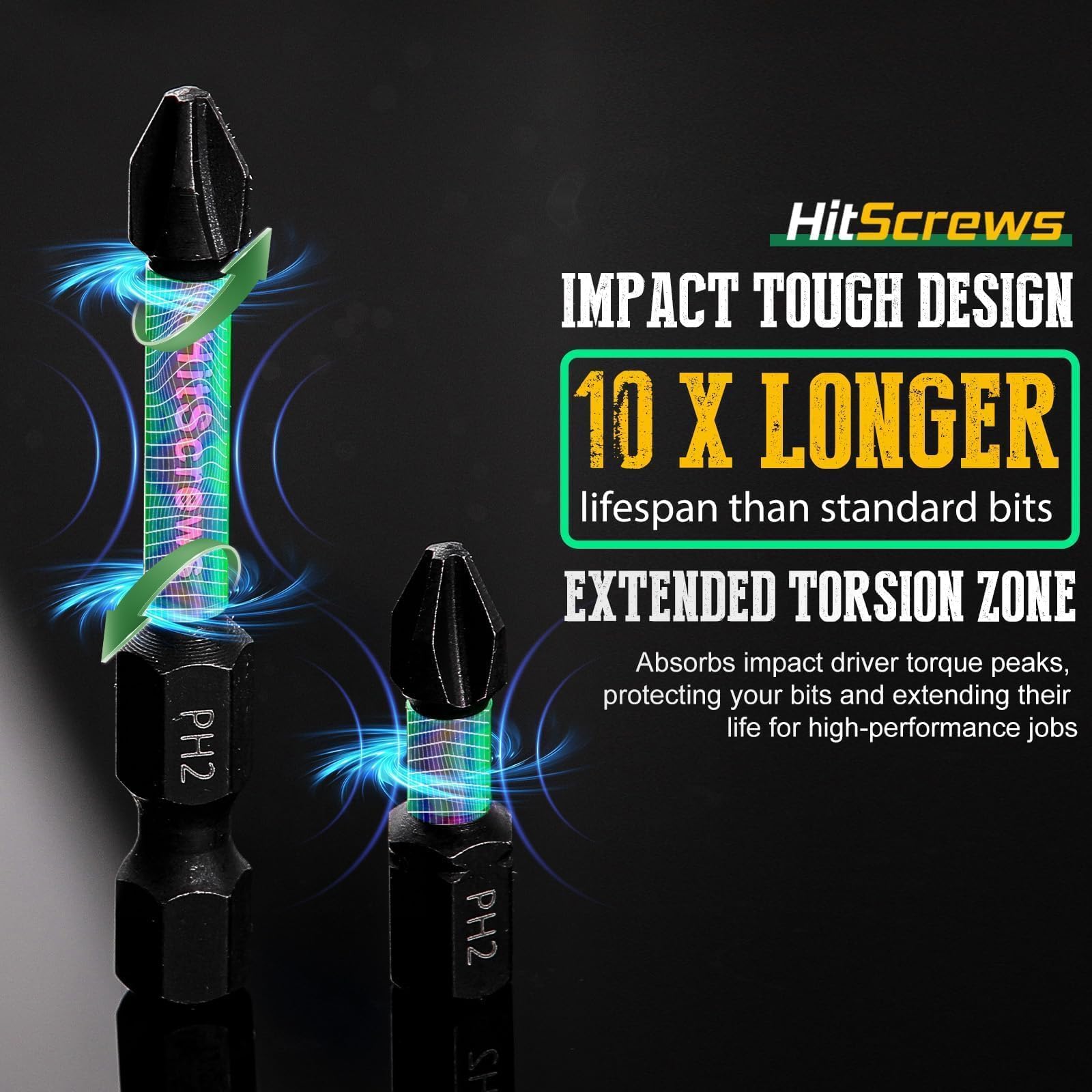 Hitscrews PH2 bit in S2 steel offering high hardness and durability