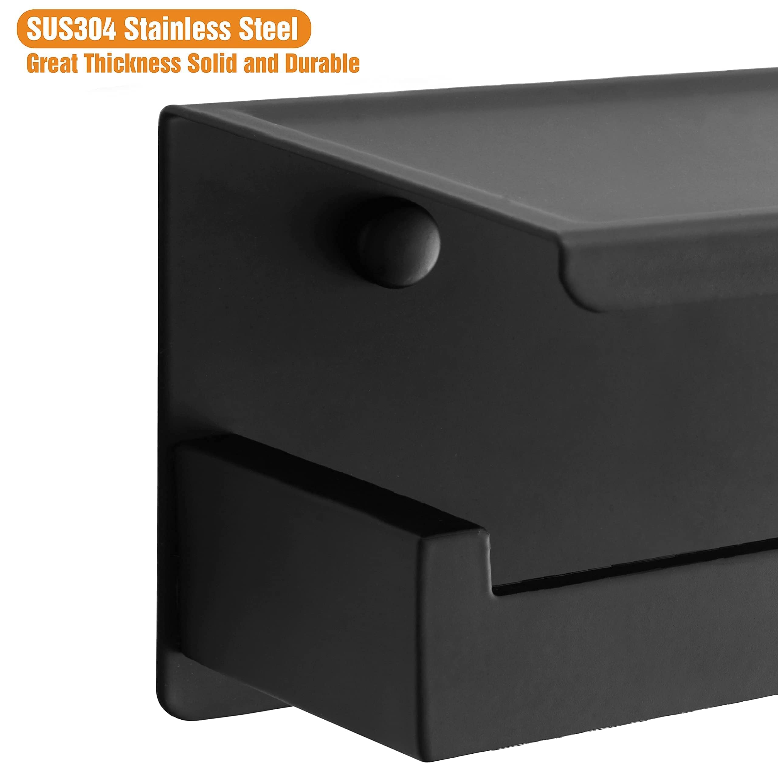 HITSLAM bathroom organizer detail highlights the shelf and sleek matte black design.