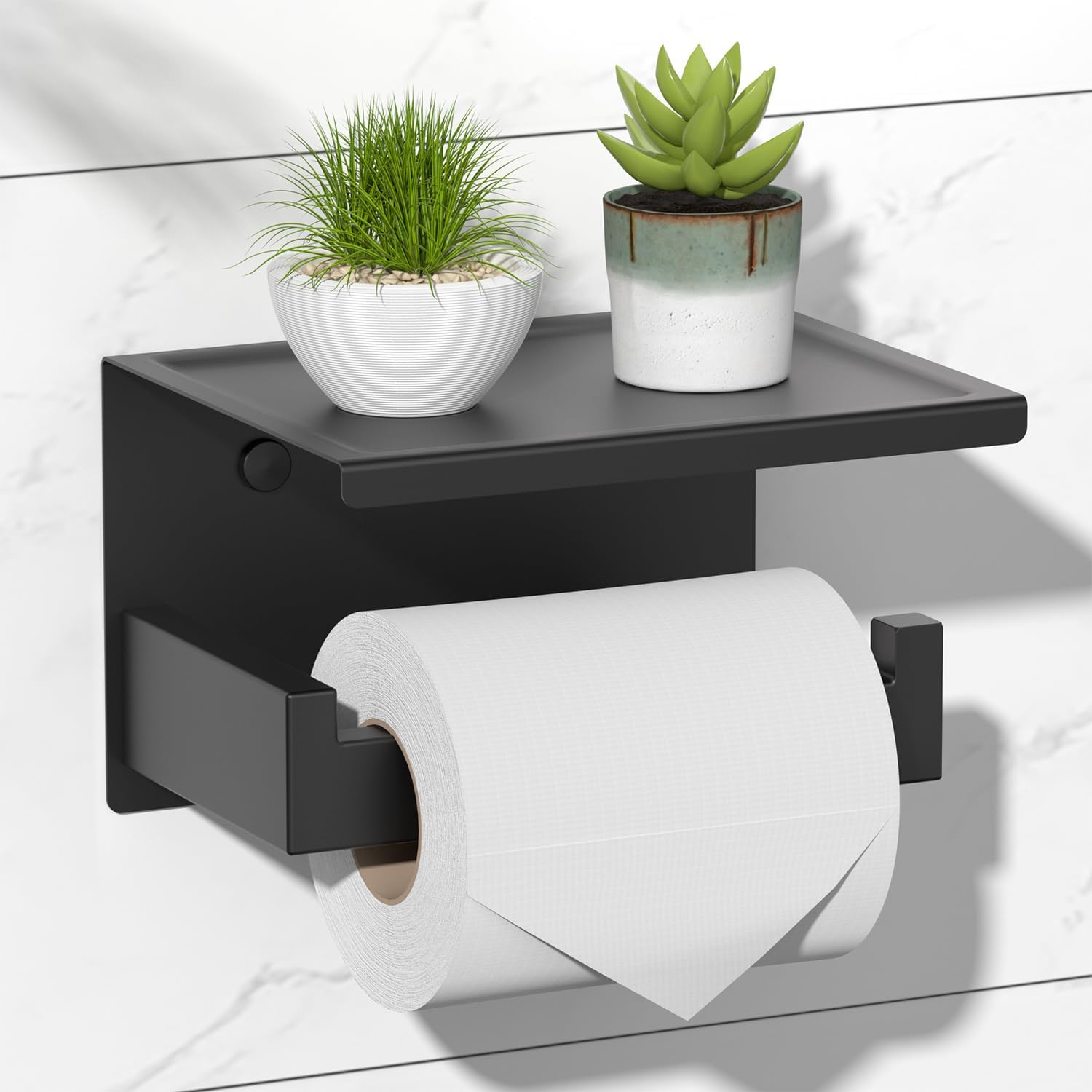 HITSLAM toilet paper holder with shelf, front view, shows compact storage and modern matte black finish.