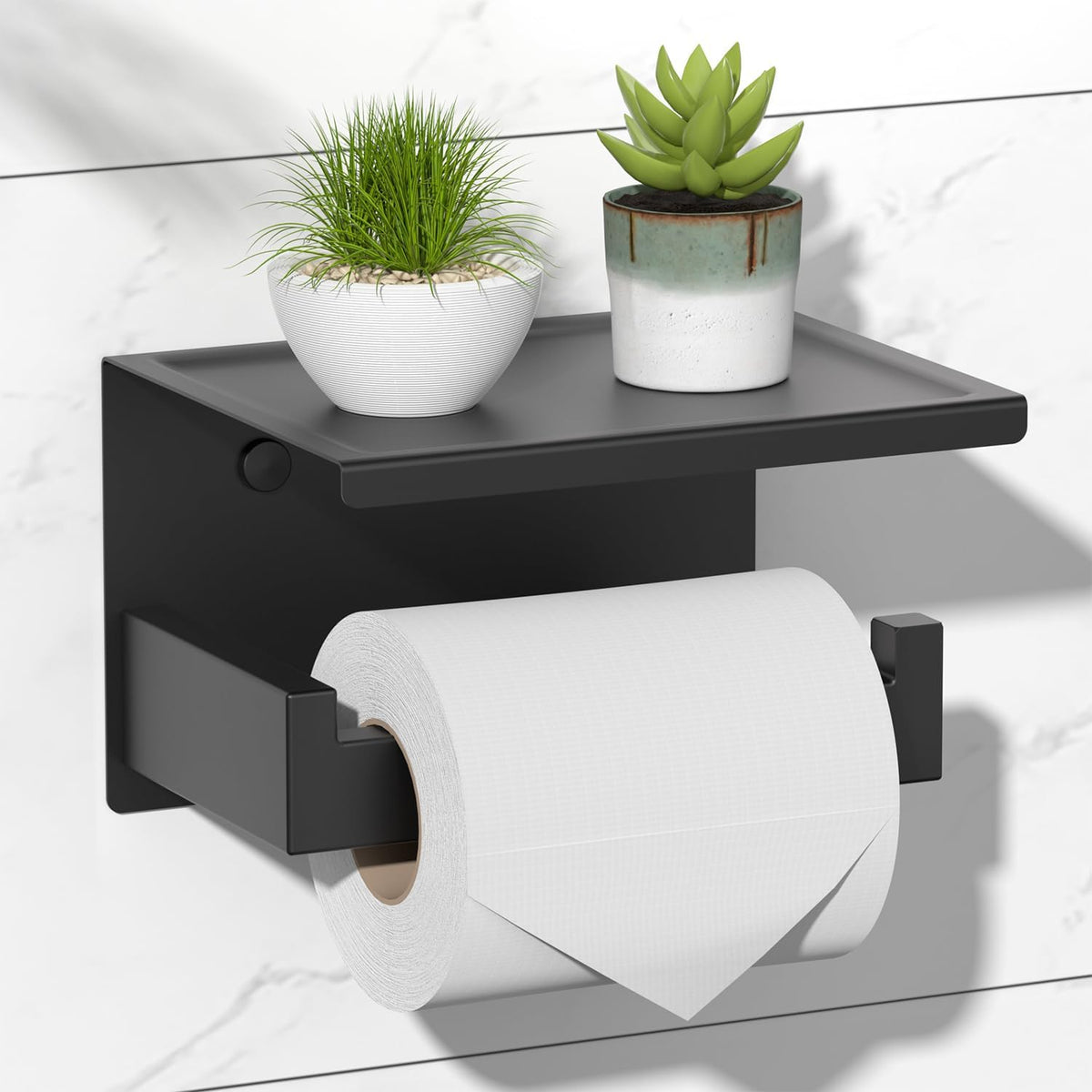 HITSLAM toilet paper holder with shelf, front view, shows compact storage and modern matte black finish.