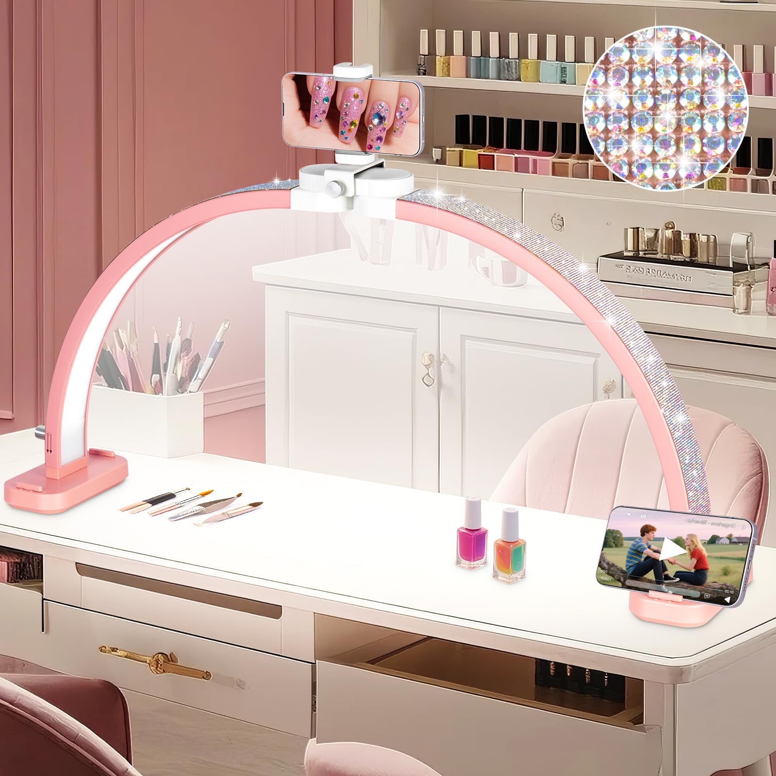 HITTI 31-inch half-moon light over a nail desk for clear visibility during manicures.