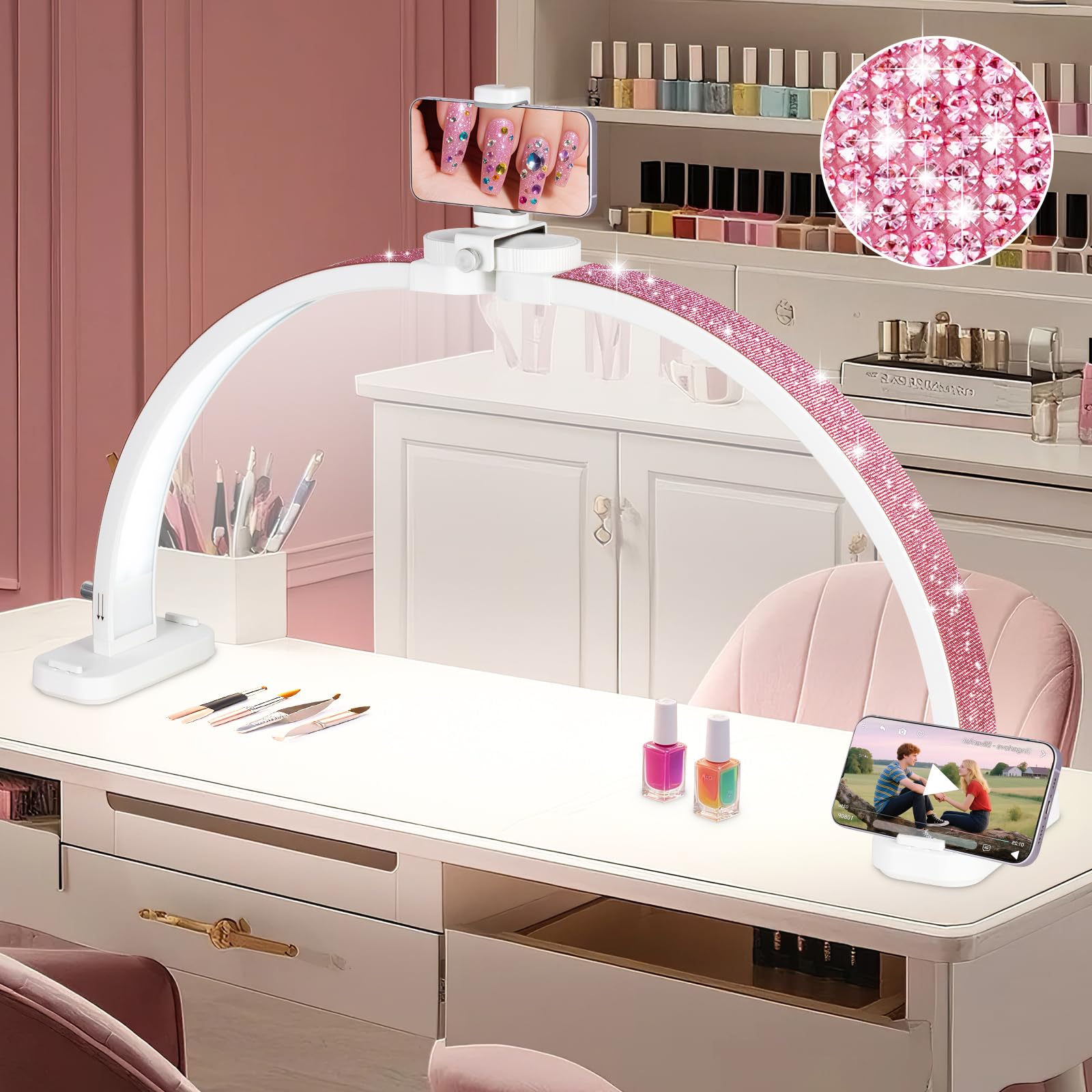 Hitti 31 inch half moon nail lamp illuminates precise manicure work.