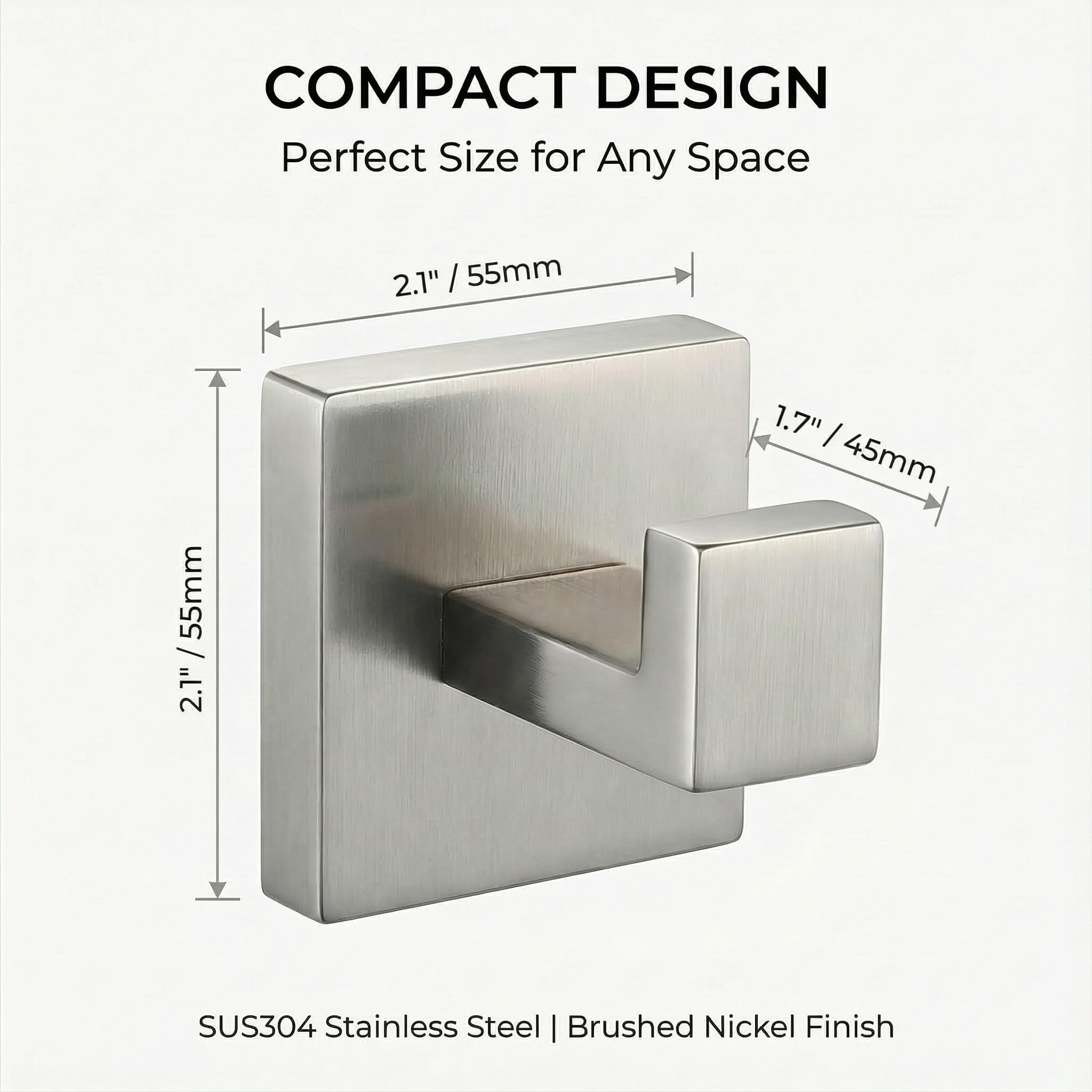 Hiuqixe stainless steel hook close-up highlights durable brushed nickel finish.