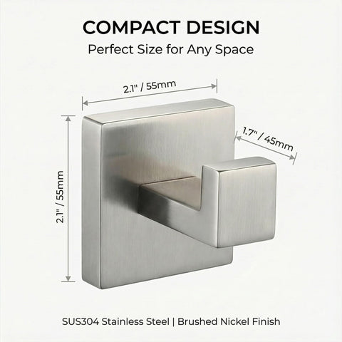 Hiuqixe stainless steel hook close-up highlights durable brushed nickel finish.