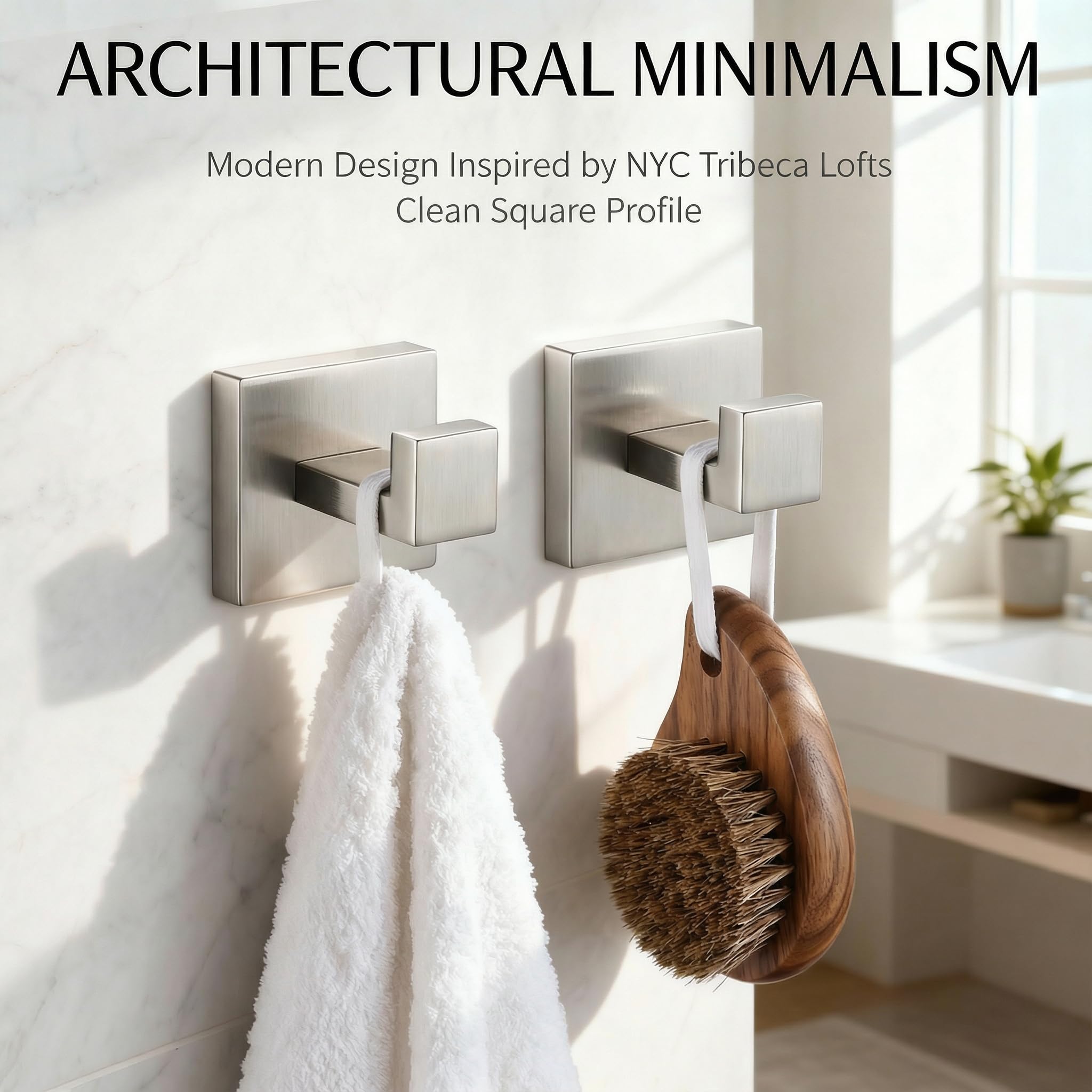 Hiuqixe wall mount brushed nickel hardware blends with modern bathrooms.
