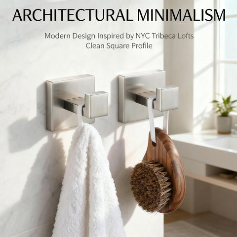 Hiuqixe wall mount brushed nickel hardware blends with modern bathrooms.