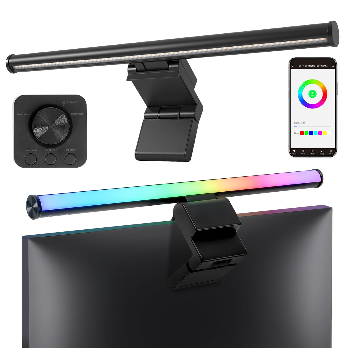 Hive Vibes 17-inch monitor light bar clipped to monitor for glare-free lighting.