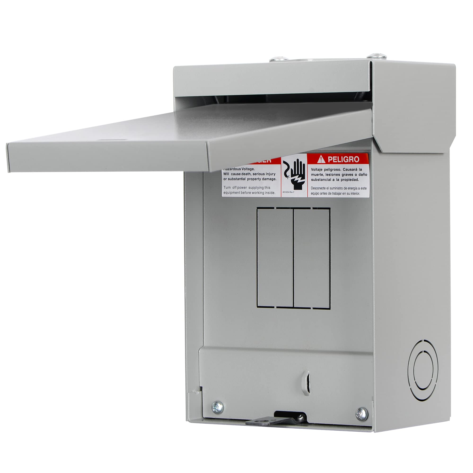 Hiweld 60A outdoor circuit breaker enclosure, front view, showing compact weatherproof housing.