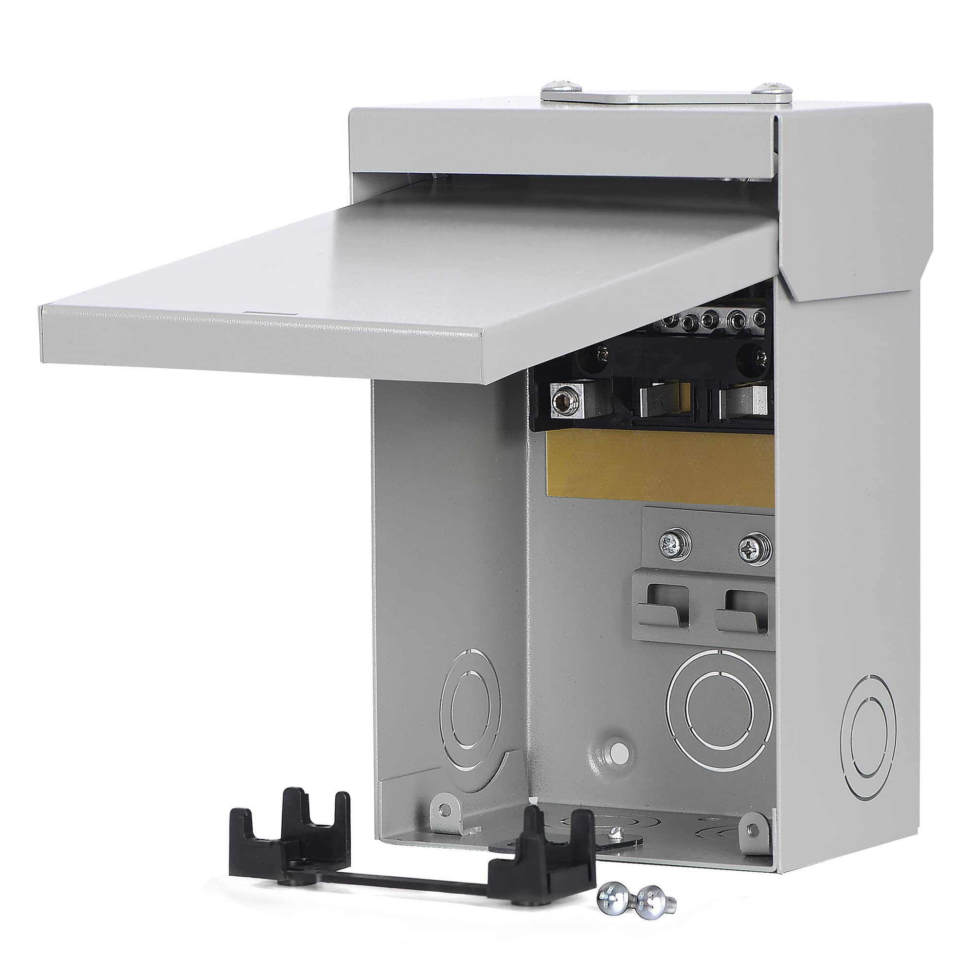 Hiweld 60A outdoor enclosure, rear view highlighting cable access and enclosure robustness.