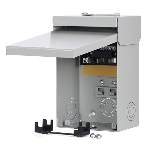 Hiweld 60A outdoor enclosure, rear view highlighting cable access and enclosure robustness.