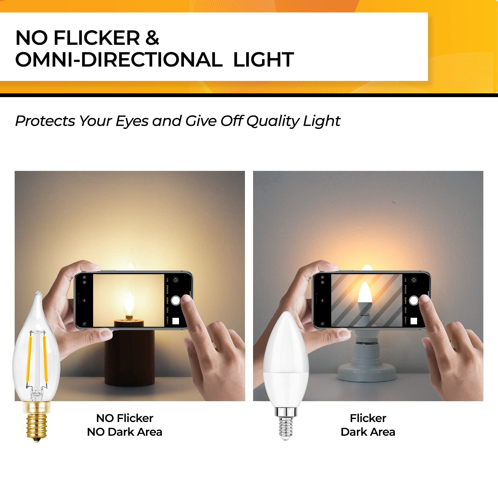 Hizashi CA10 flame-tip LED bulb provides 200 lumens for chandeliers.