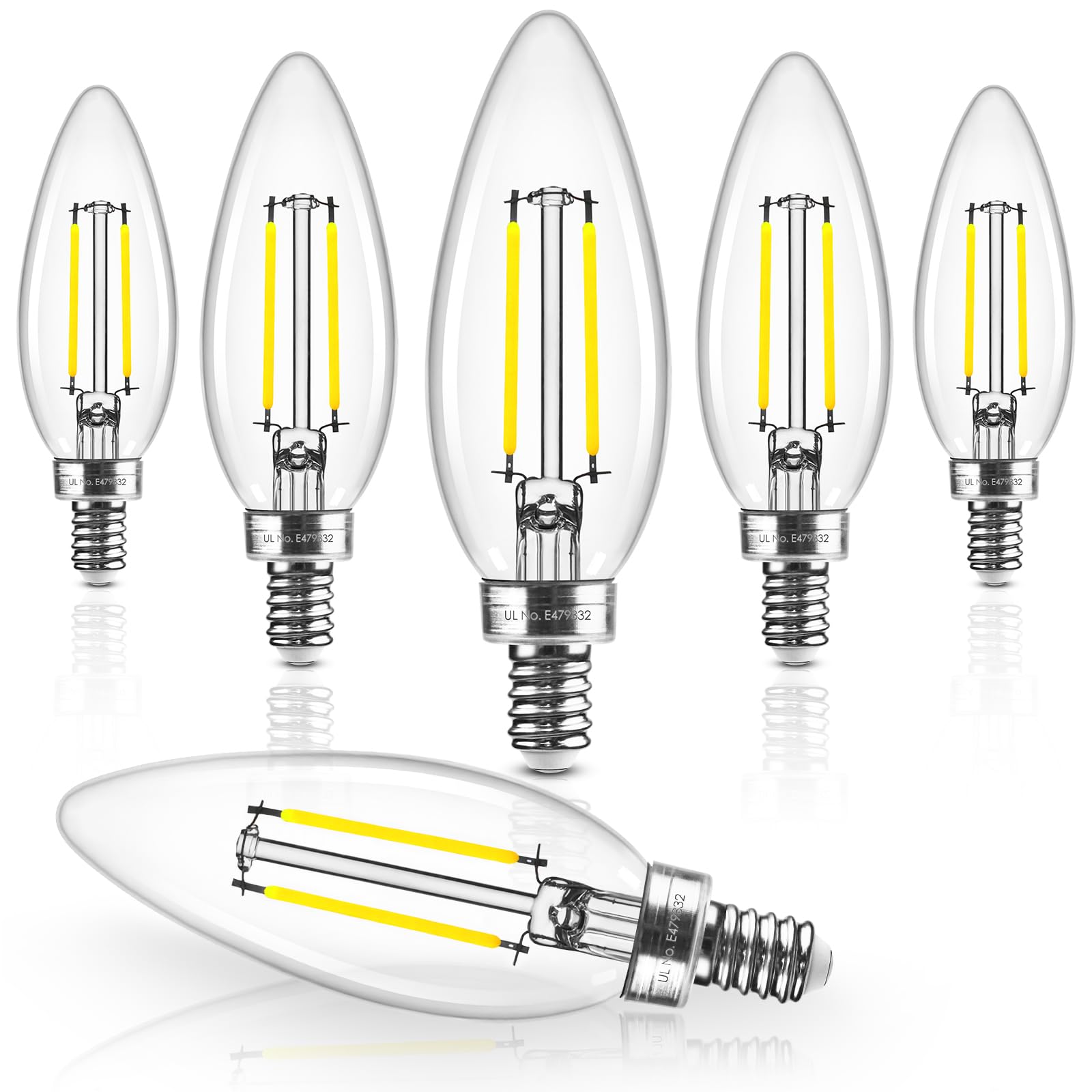Hizashi candelabra LED bulbs in 5000K daylight brighten a chandelier with crisp, true color
