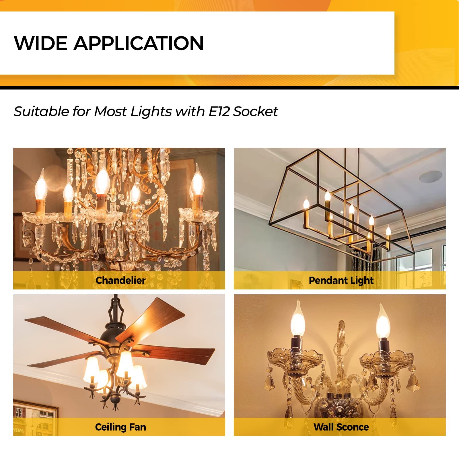 Hizashi chandelier setup showcasing versatile E12 candelabra bulbs.