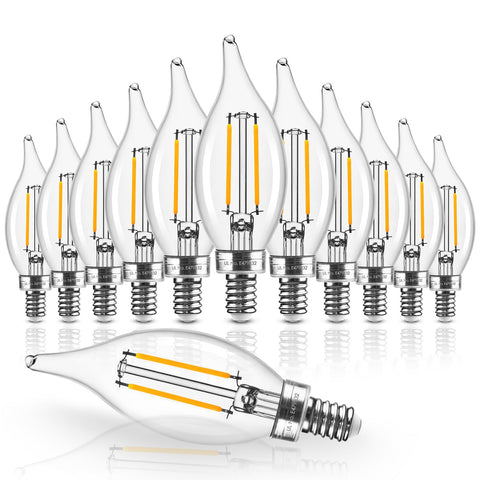 Hizashi E12 LED candle bulb with clear glass and filament for vintage chandeliers, warm glow.