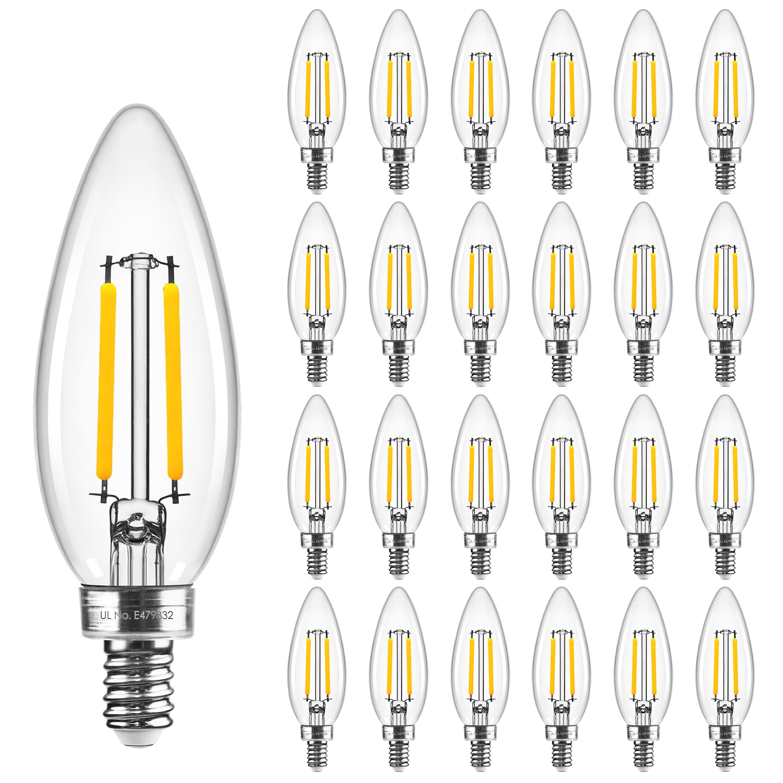 Hizashi E12 candle bulb emits warm 3000K light with 450 lumens for cozy rooms.