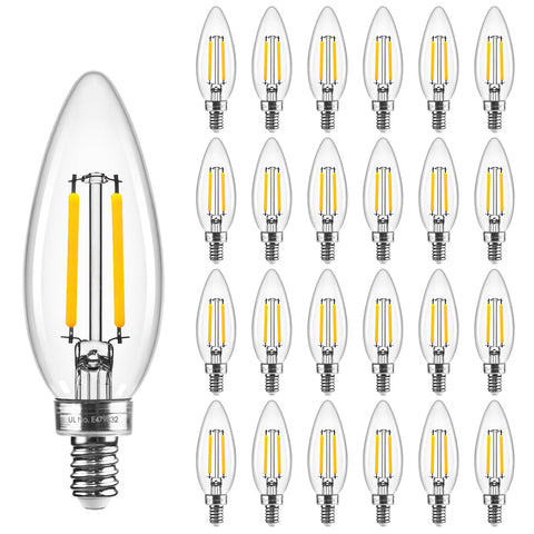 Hizashi E12 candle bulb emits warm 3000K light with 450 lumens for cozy rooms.