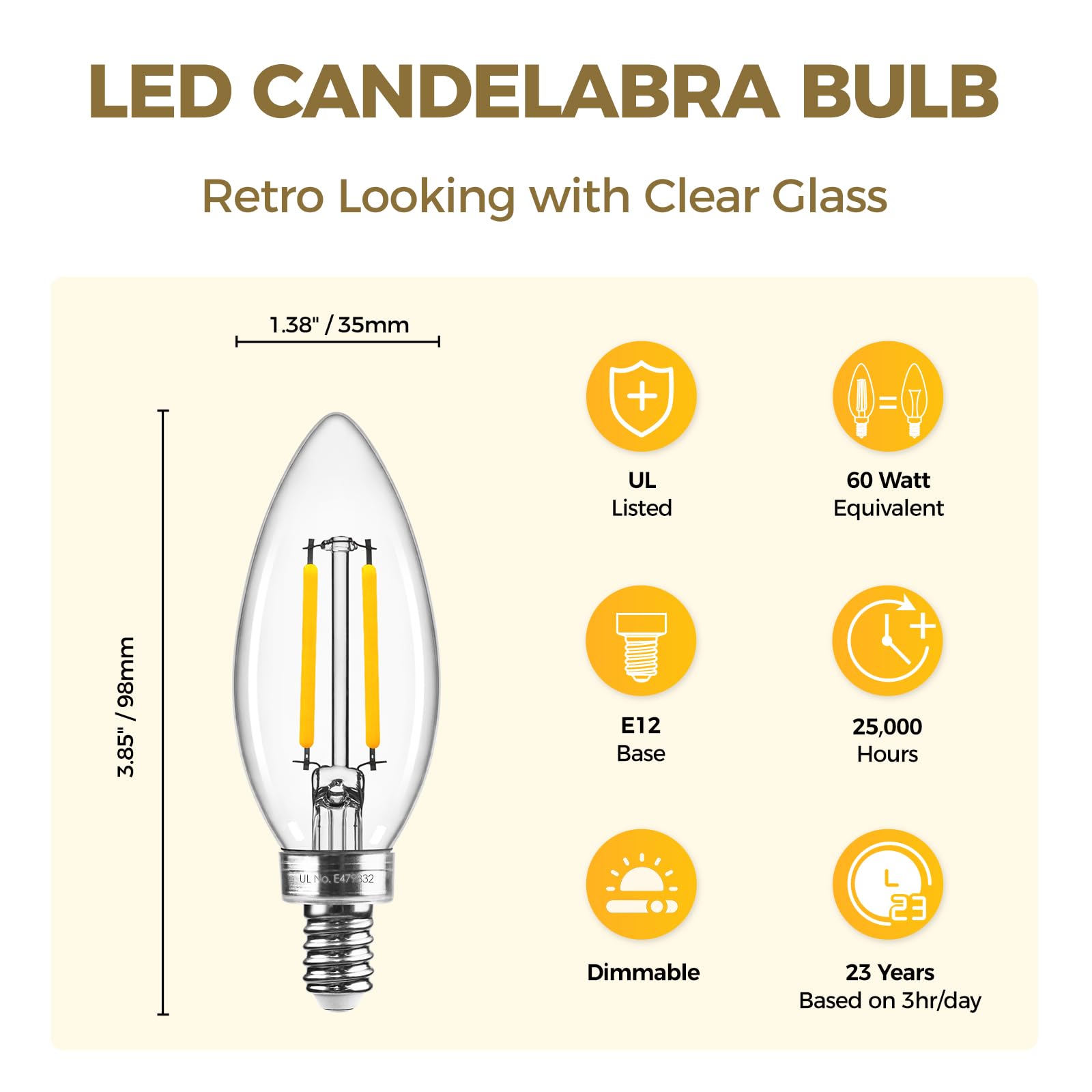 Hizashi E12 candle bulb delivers 550 lumens for bright chandelier lighting.