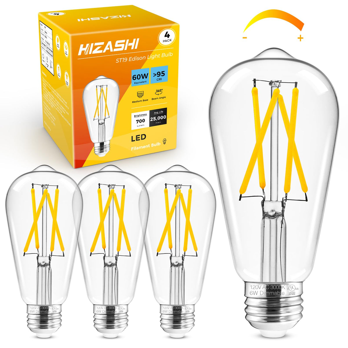 Hizashi LED Edison bulb with clear glass for bright, warm illumination.