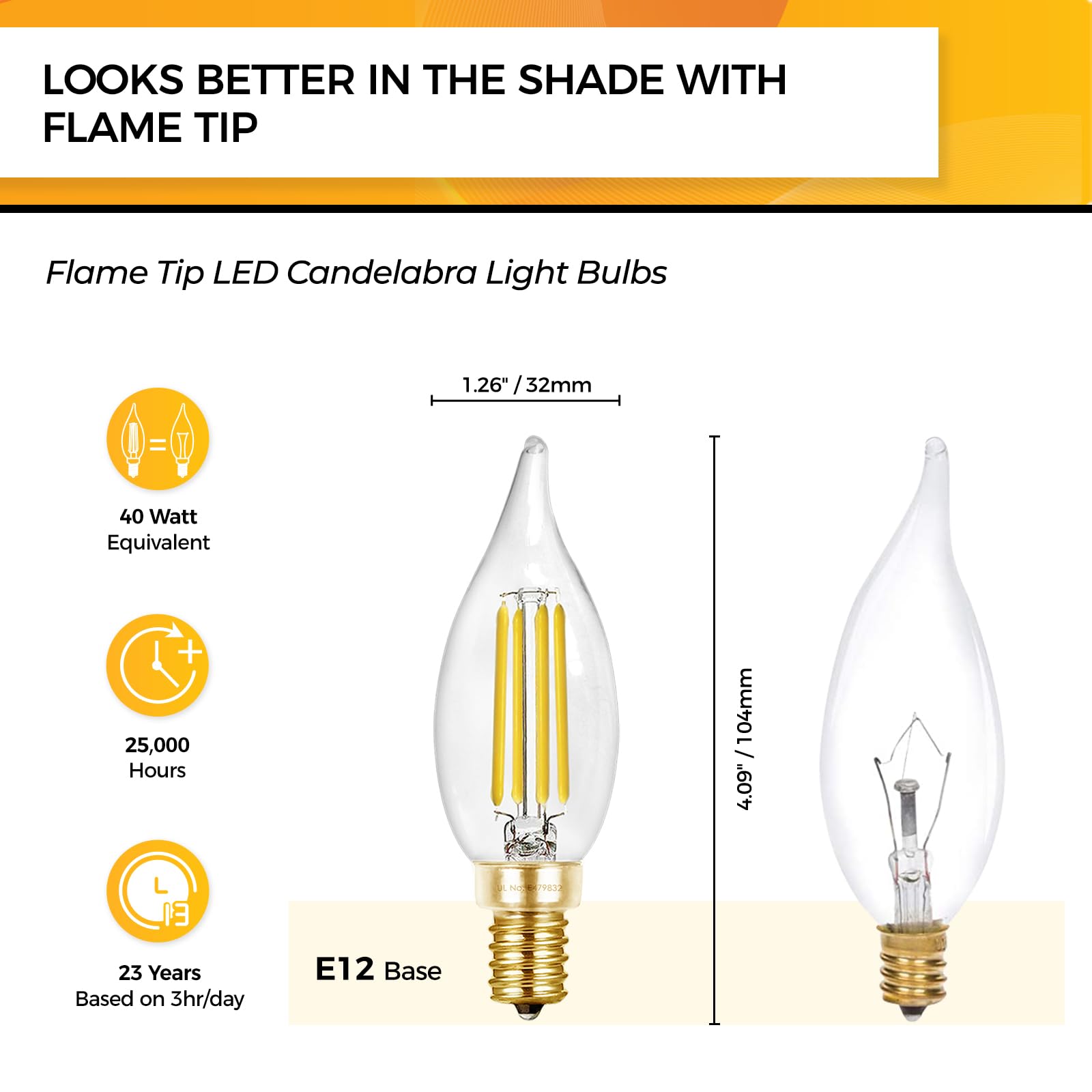 UL Listed Hizashi E12 candle bulb for safe home lighting.