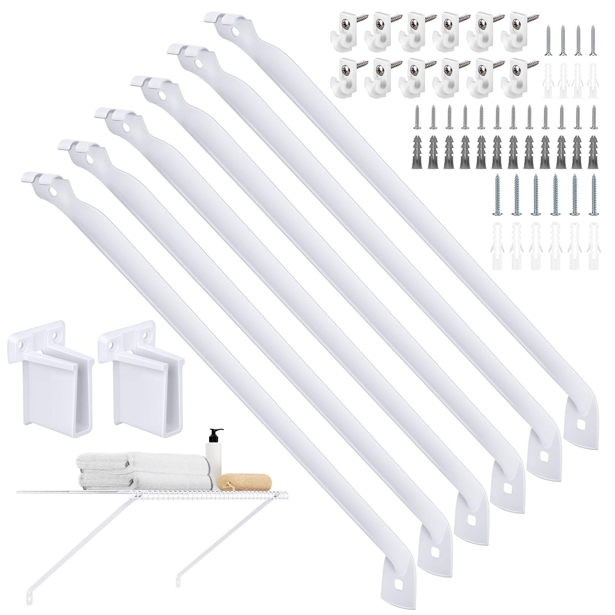 HK 6-pack 12in wire shelf brackets in white support 12-inch shelves in closets.