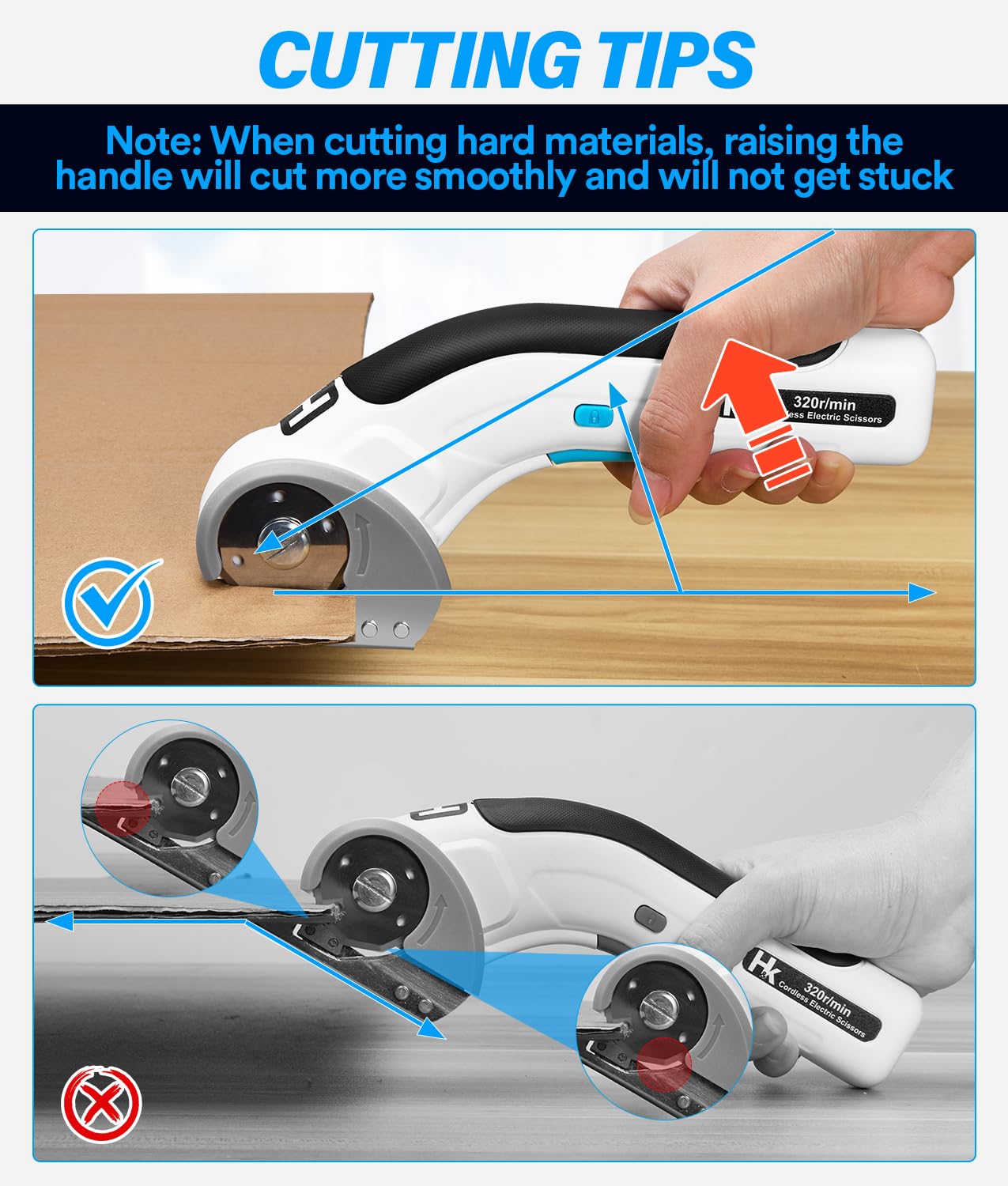 HK cordless electric scissors battery indicator shows remaining charge.