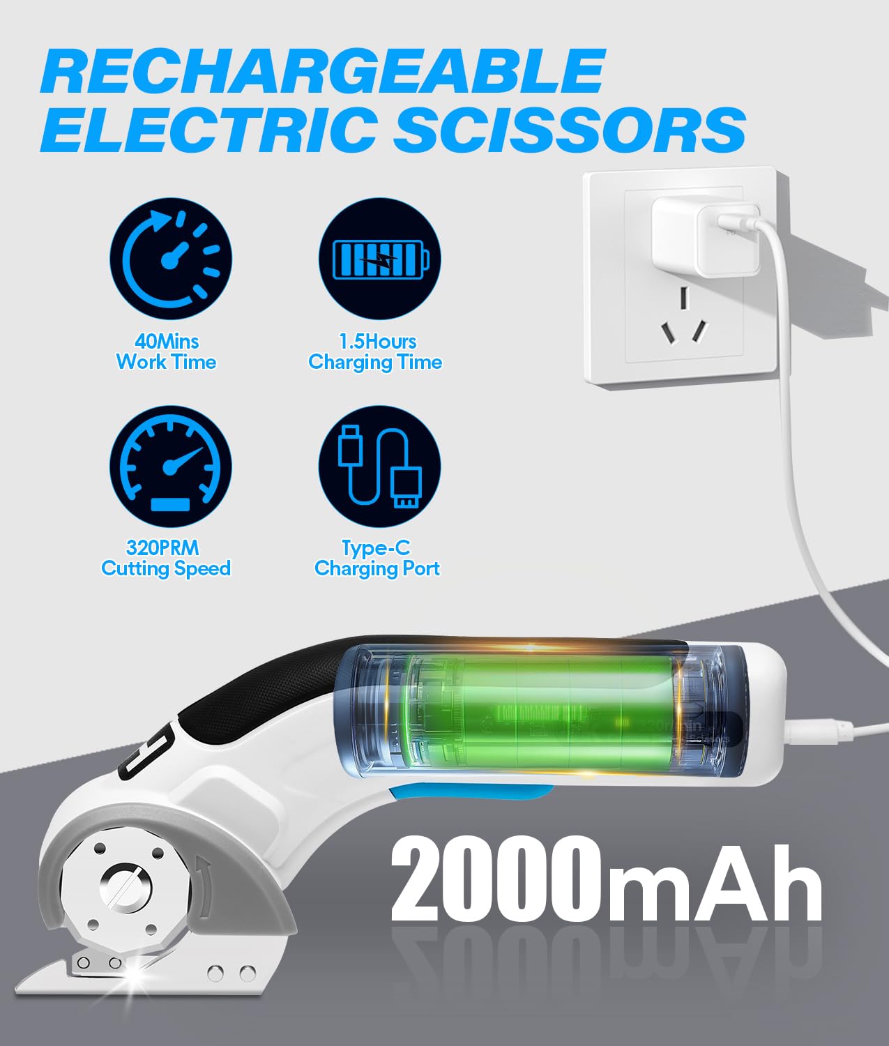 HK cordless electric scissors blade sharpening system keeps edges sharp for repeated cuts.