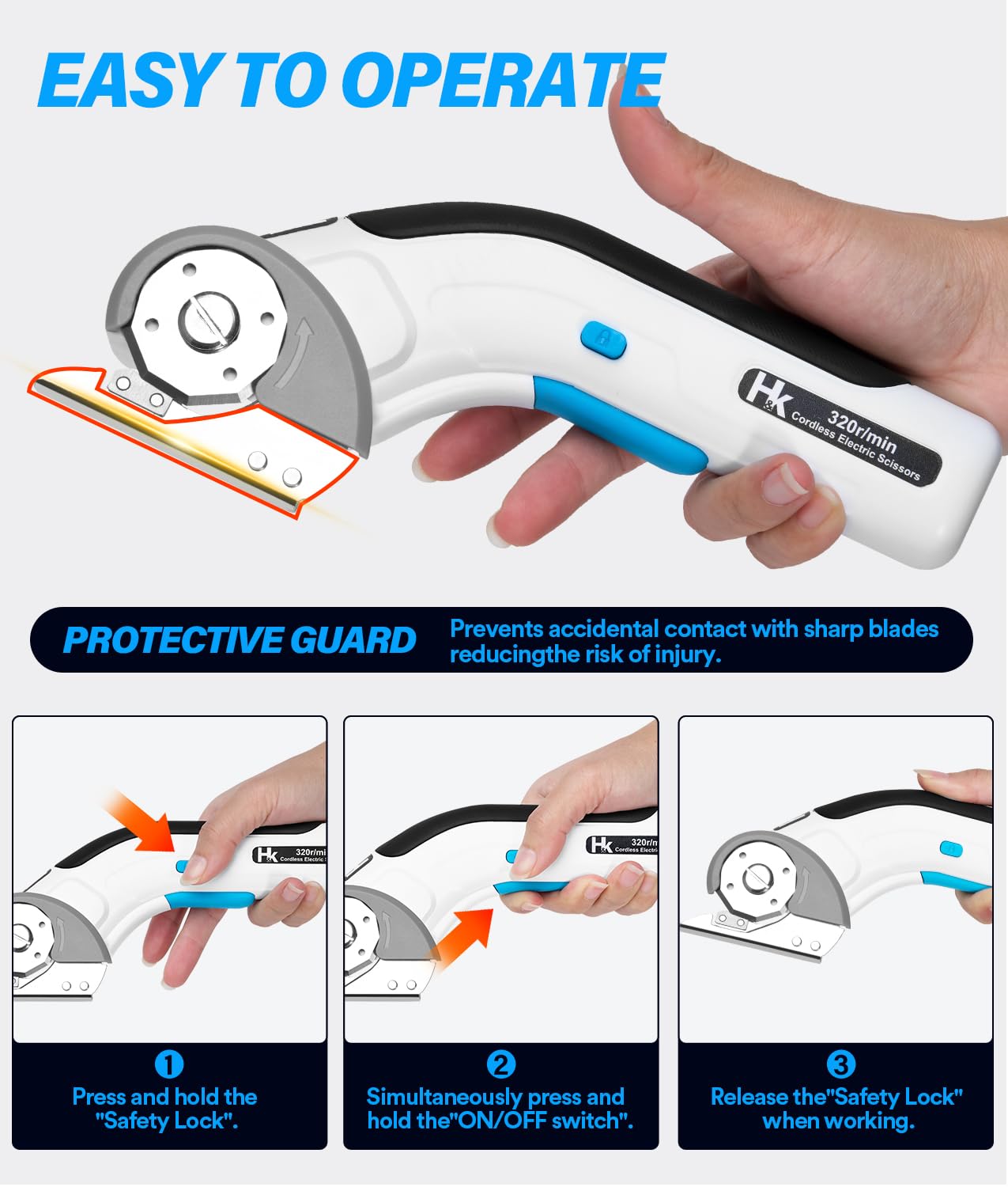 HK cordless electric scissors safety lock prevents accidental starts during use.