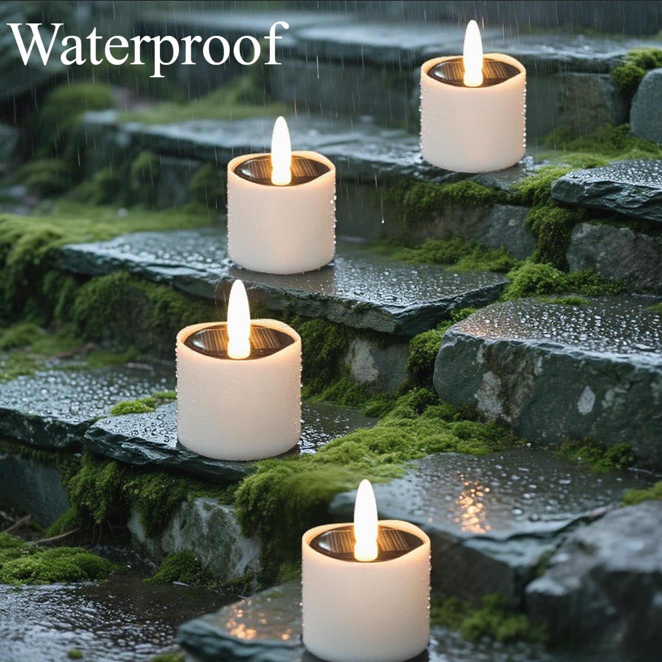 HL Solar Tea Lights flickering flame closeup creates cozy, safe candlelight indoors or out.